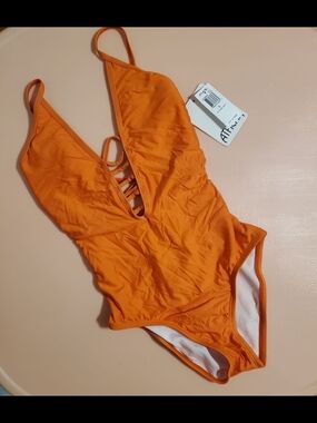 Athena Orange One-Piece Swimsuit with Deep V and Strappy Front